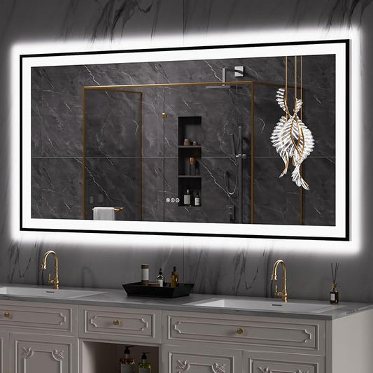 LOAAO 72"X32" LED Bathroom Mirror Black Framed, Anti-Fog, Dimmable, Lighted Bathroom Vanity Mirror for Wall, Memory Function, Tempered Glass