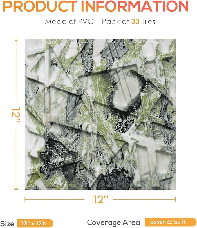 33 Pack 3D Wall Panels for Interior Wall Decor, 12''x12'' Ice Green Marble Effect Accent Textured Wall Panels, Wall Covering Panles for Living Room, Gaming Room, TV Background, Cover 32 Sq.Ft