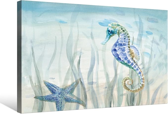 Ocean Wall Art Sea Life Wall Decor Costal Watercolor Seahorse Painting Blue Sea Animal Pictures Starfish Canvas Artwork for Bathroom Bedroom Home Decoration 36x24Inch