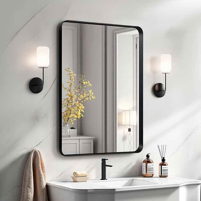 Kosmonia 36x24 Bathroom Vanity Mirror for Wall, Aluminum Framed, Farmhouse Rectangle, Anti-Rust, HD Reflection Anti-Desilvering, Distortion Free, Tempered and Shatter-Proof Wall Mounted Mirror, Black