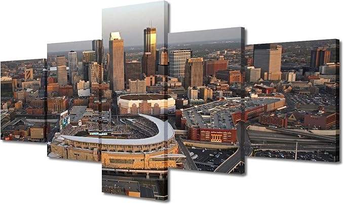 5 Panel Minnesota Skyline Home Decor Posters and Prints Minneapolis Skyscraper Cityscape Canvas Wall Art for Living Room Wall Decor Giclee Wooden Framed Gallery-Wrapped Ready to Hang (50"Wx24"H)