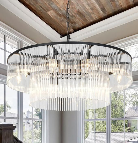 Contemporary Black Chandeliers, 2-Tier Dining Room Glass Chandelier Lighting 10 Lights Round Chandelier for Living Room Foyer Entryway Ceiling Hanging Pendant Light Fixture 32"
