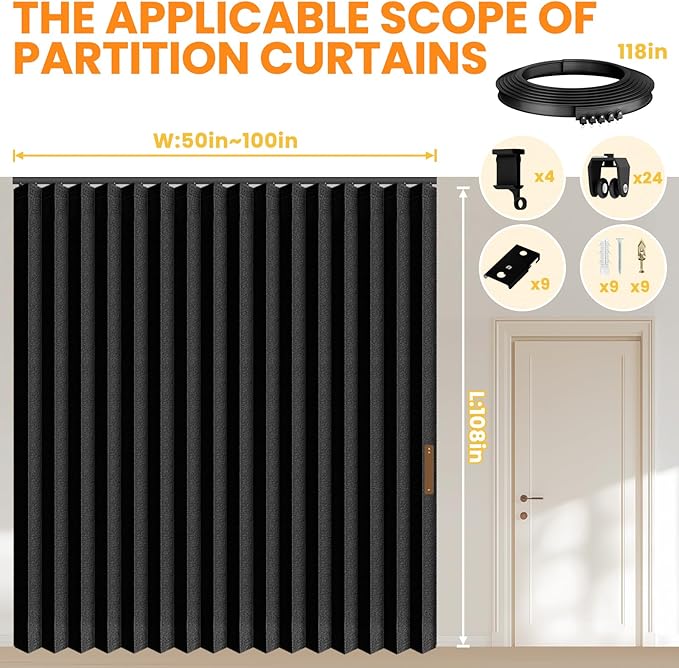 100% Blackout Accordion Room Divider Curtains - with Flexible Ceiling Track Total Privacy Sound Proof Curtains Suitable for Bedroom Patio Sliding Door(Black, W100 x L108, 1 Pack)