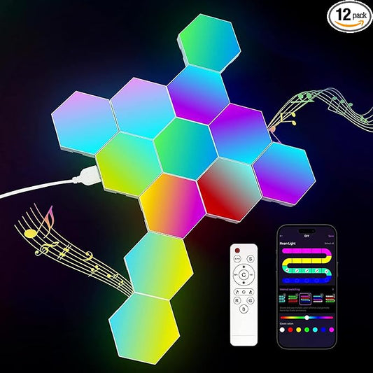12-Pack Hexagon Light Panels – Smart RGB LED Wall Lights with App & Remote – Music Sync Gaming Lights for Room Decor, Birthday & Party Gifts for Boys, Teens, Men, Boyfriends, and Kids