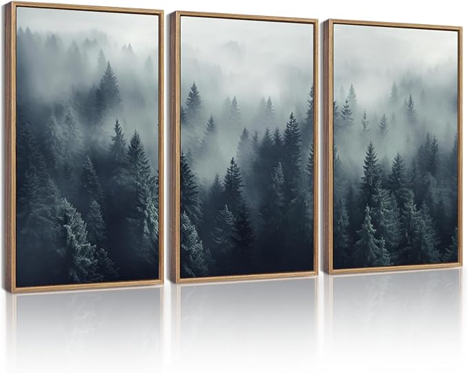KUVIOKE Blue Fog Pine Tree Framed Wall Art Nature Nordic Forests Artwork Morden Painting Home Decor 11x14in (Natural Framed)