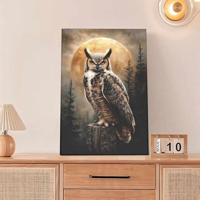 Cabin Owl Wall Art Moon and Forest Canvas Wall Decor Rustic Animal Pictures Paintings Prints Mystical Wildlife Artwork Framed Decorations For Bathroom Bedroom Living Room Office Gifts 16" x 24"