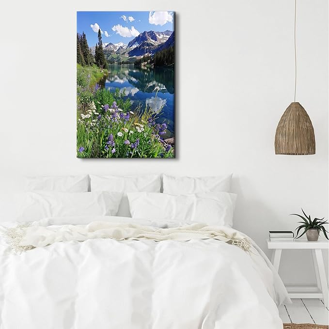 Mountain Wall Art for Living Room Nature Forest Wall Decor Colorado Mountains Pictures Pine Trees Flower Lake Landscape Canvas Prints Rocky Mountain National Park Poster Bedroom Home Decoration 32x48"