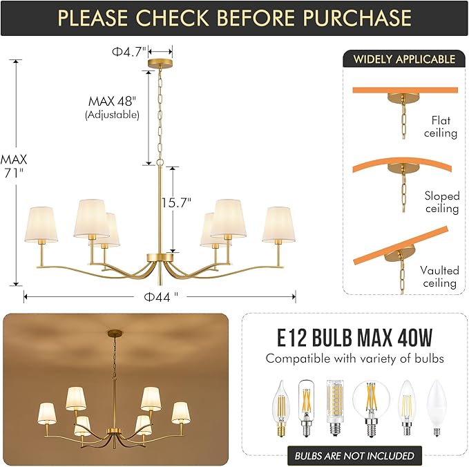 6 Light Brass Gold Chandelier with White Fabric Shade 44'' Linen Dining Room Chandeliers Over Table Kitchen Chandeliers Light Fixture for Living Room Bedroom Entryway Home Office