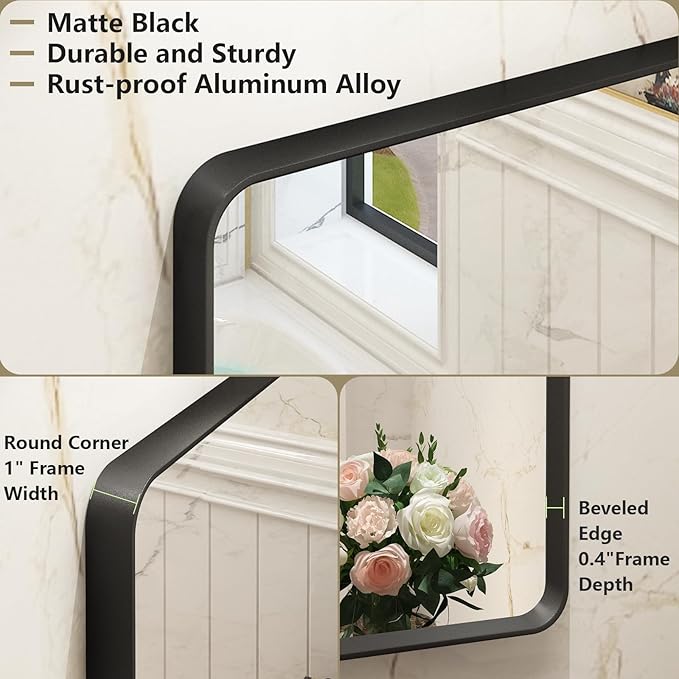 OKPAL 55X40 Inch Matte Black Bathroom Mirror, Black Framed Bathroom Vanity Mirror, Black Rectangle Mirror, Round Corner, Rustproof, Shatter-Proof (Horizontal/Vertical)