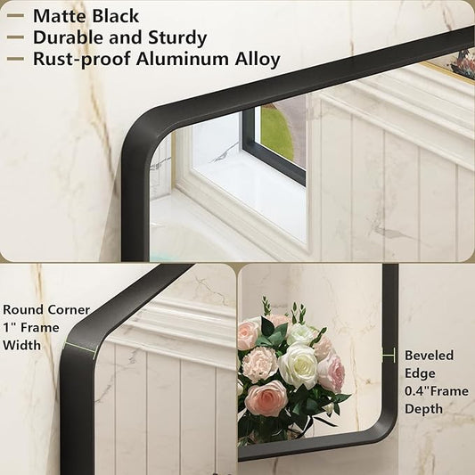 OKPAL 50X40 Inch Matte Black Bathroom Mirror, Black Framed Bathroom Vanity Mirror, Black Rectangle Mirror, Round Corner, Rustproof, Shatter-Proof (Horizontal/Vertical)