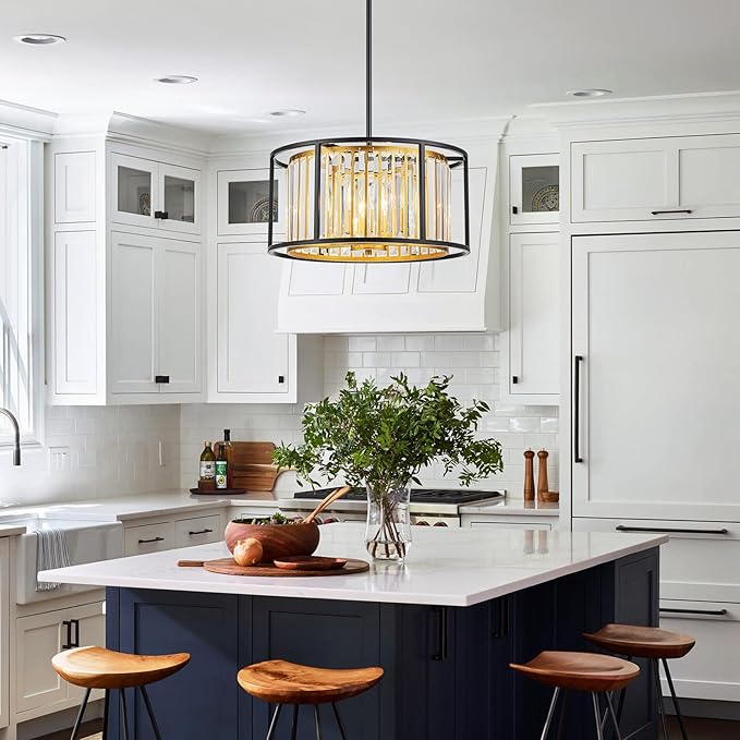 5-Light K9 Crystal Drum Chandeliers, Modern Pendant Light Fixture for Dining Room, Living Room, Bedroom, D18 x 12~58" Adjustable Height, Crystal Shade, Gold & Black Finish