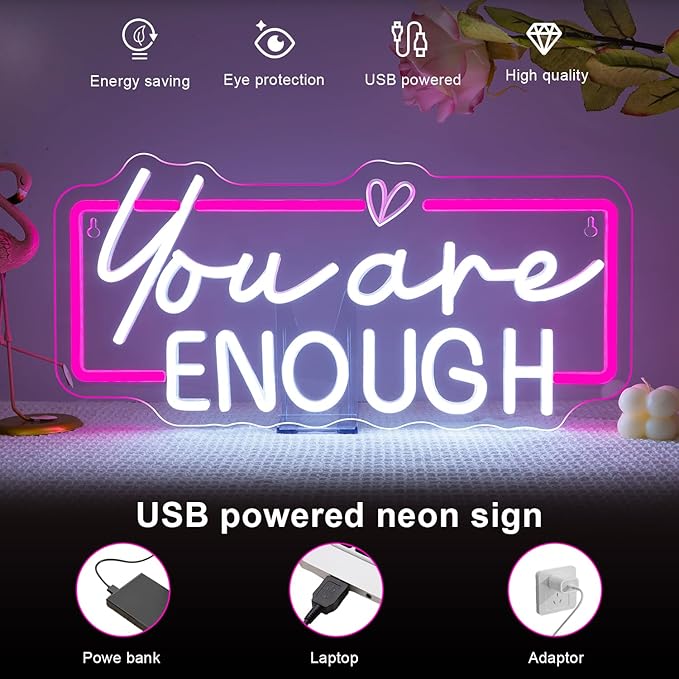 Lucunstar You Are Enough Neon Sign for Wall Decor Neon Pink Light Up Classroom Motivational Wall Decor LED Letter Book Lights Sign for College Room Reading Library Inspirational Gifts for Women Student