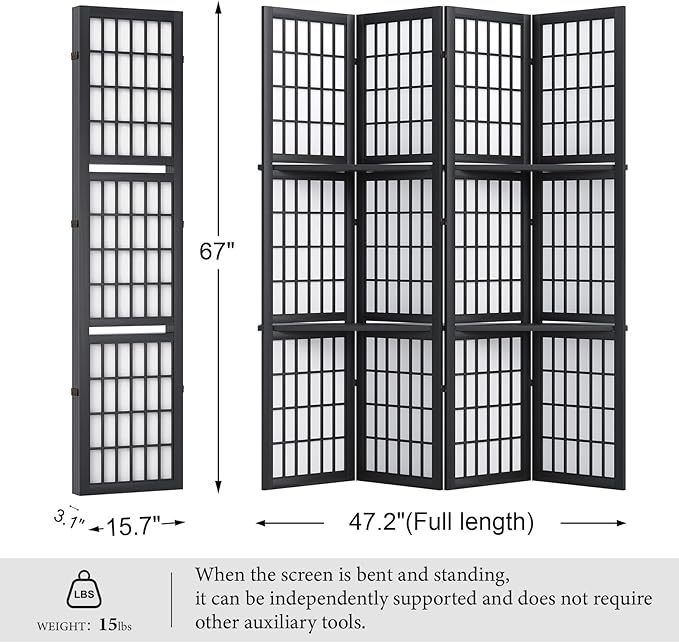 5.6FT Room Divider and Folding Portable Partition Screen, Chinese Japanese Shoji Style with Three Display Shelves for Room Separation - 4 Panel (Black)