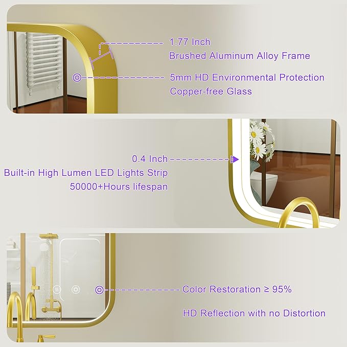24x36 Inch Gold LED Bathroom Mirror with Lights, Adjustable 3000K/4500K/6000K, Wall Mounted Lighted Bathroom Vanity Mirror, Stepless Dimmable, Anti-Fog, Memory, Horizontal/Vertical