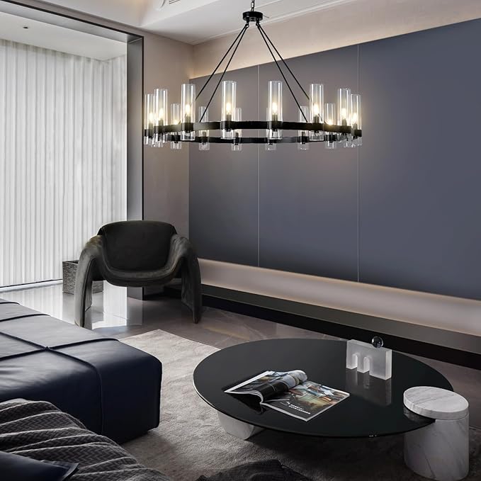 48" Black Wagon Wheel Chandelier, 16-Light Farmhouse Round Pendant Light Fixture with Glass Shade, Large Hanging High Ceilings Chandeliers for Dining Room Kitchen Foyer Entryway Living Room