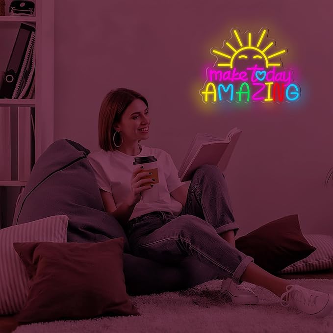 Make Today Amazing Neon Sign, Cool Sunrise Dimmable Neon Light Up Inspirational Slogan Boho Hanging Wall Art Decor LED Sign for Dormitory Room Cafe Club Wedding Gym Party Birthday Christmas Gift
