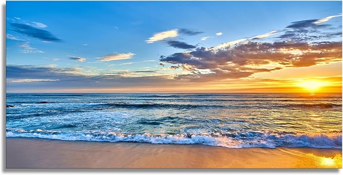 Aibonnly Wall Art Canvas Painting Seaside Sunset over the beaches 1 Piece blue sea view Ocean Picture Poster Print Framed and Stretched Ready to Hang for Living Room Bedroom Kitchen Office