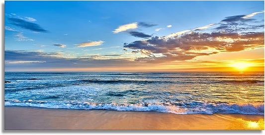Aibonnly Wall Art Canvas Painting Seaside Sunset over the beaches 1 Piece blue sea view Landscape Ocean Picture Poster Print Framed Ready to Hang for Living Room Bedroom Kitchen Office