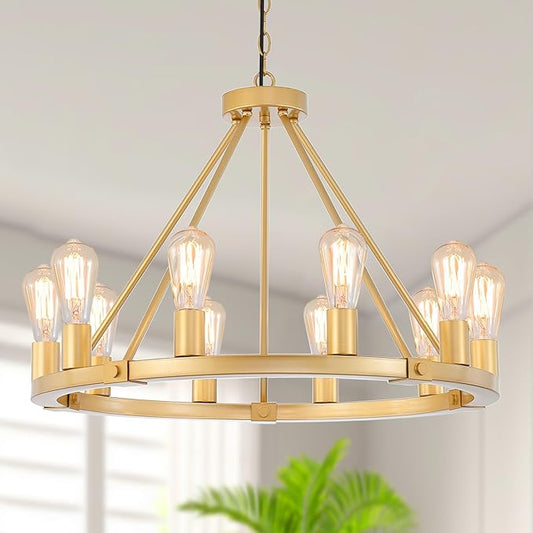 9MMML Gold Wagon Wheel Chandelier, 10-Light Industrial Pendant Light, 26.7'' Farmhouse Ceiling Hanging Chandelier Light Fixture for Living Room, Bedroom, Entryway, Foyer