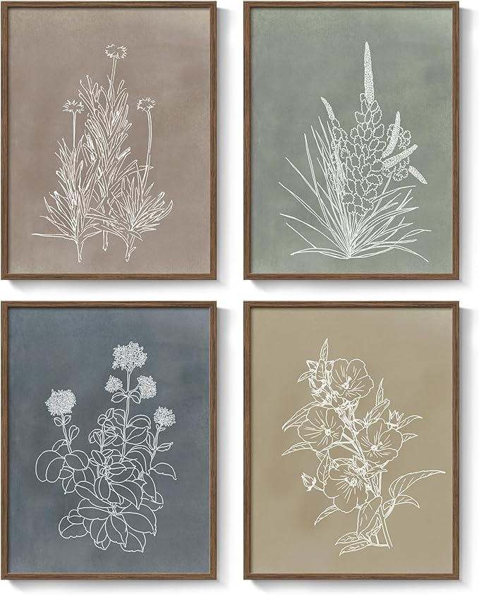 Boho Framed Botanical Wall Art for Bedroom, 4 Piece Vintage Neutral Floral Canvas Painting Prints for Modern Farmhouse, Minimalist Rustic Flower Pictures for Living Room Kitchen Dining Room Home Decor
