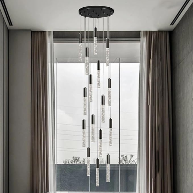 Modern Black Chandelier, Round Crystal Dimmable Hanging Lamp in Dark Bronze, Large Raindrop Pendant Lights for Dining Room Living Room Staircase Farmhouse