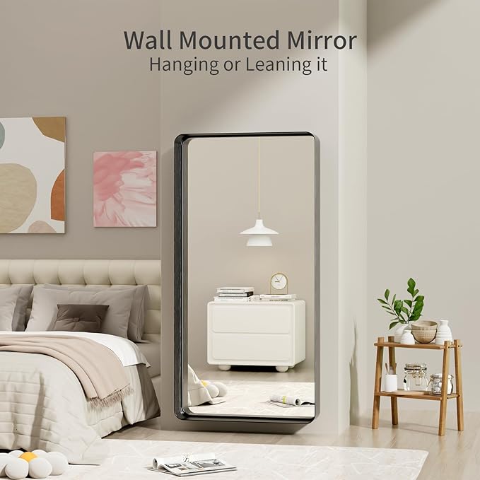 Koonmi Black Bathroom Mirror for Wall, 30x60 Inch Matte Metal Deep Framed Rounded Corner Wall Mirror, Shatterproof Tempered Glass for Farmhouse Bedroom Entryway, Vertically or Horizontally