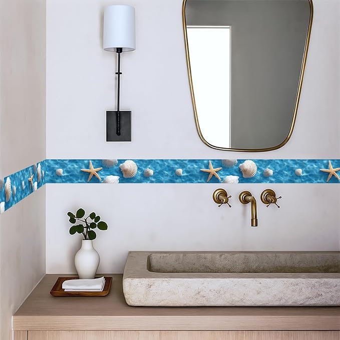 Coastal Seashell Wallpaper Border 196x4 Inch Peel and Stick Wall Border Self Adhesive Starfish Beach Removable Vinyl Trim for Living Room Bedroom Bathroom Kitchen Cabinet Decoration