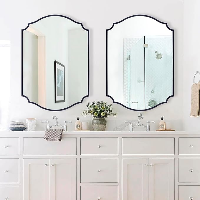 Chende Black Bathroom Mirror for Over Sink, 32'' x 20'' Arched Mirror with Scalloped Frame for Home Decor, Modern Decorative Wall Mirrors for Entryway, Living Room, Dining Room, Bedroom, Fireplace