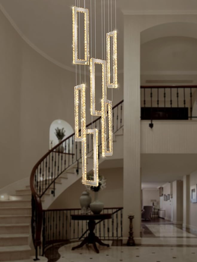Modern Chandelier 6 Rings Silver Chandelier Lighting Fixture High Ceiling Chandelier Suitable for Living Room Staircase Villa
