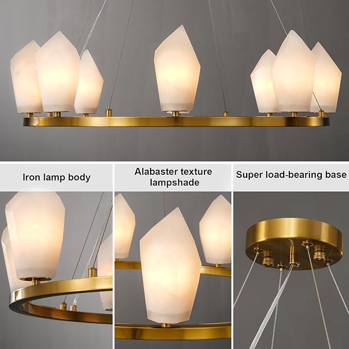 Alabaster Chandelier, 31.5" 8-Light Large Round Chandeliers for Living Room with Bulb, Wagon Wheel Chandelier for Entryway, Farmhouse Chandeliers for Bedroom, Gold Foyer Lighting Fixtures