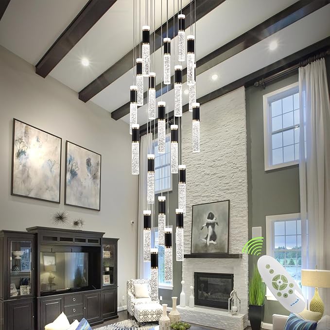 Large Chandelier for High Ceiling Long Crystal Modern Foyer Chandelier Hallway Dimmable Pendant Light for Entryway