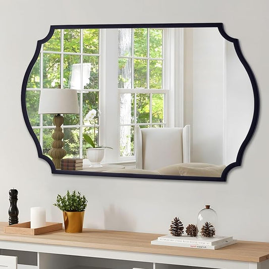Chende Large Black Wall Mirror, 44''X32'' Modern Living Room Mirrors for Wall Decor, Rectangle Scalloped Mirror with Metal Frame for Bathroom Vanity, Dining Room, Entryway, Mantel, Fireplace