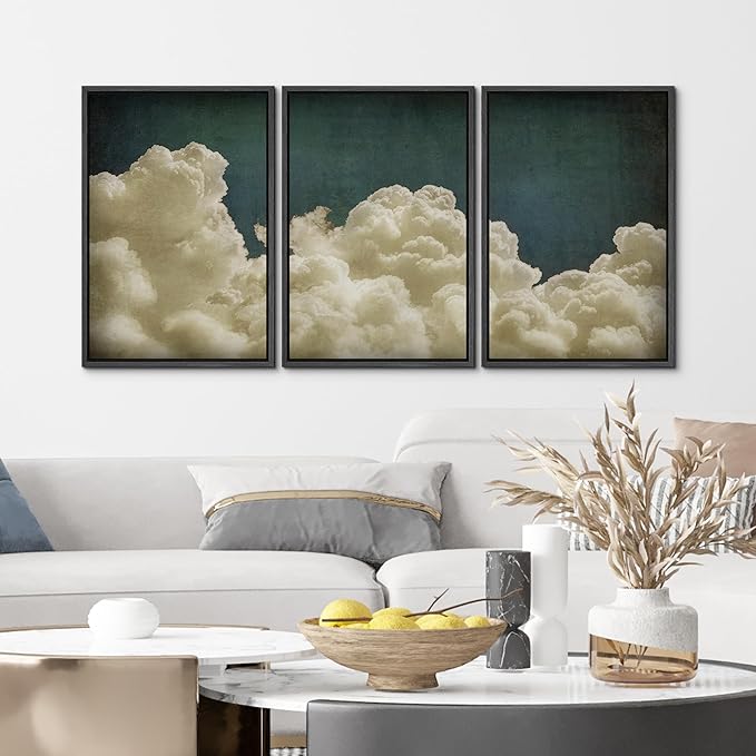 MUDECOR Framed Wall Art Print Set Vintage Cloudscape Dreamy Cotton Clouds Illustrations Modern Art Decorative Colorful Chic for Living Room, Bedroom, Office - 16"x24"x3 Black
