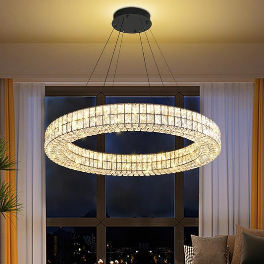 Modern Led Ring Chandeliers Dimmable Crystal Chandelier for Living Room Dining Room Ring Pendant Light Adjustable 24 inch Black