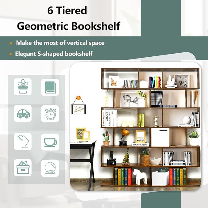 6 Tier Geometric Bookcase, S Shaped Bookshelf, Book Shelf Room Divider, Wood Freestanding Display Shelves, 75 Inch Staggered Bookshelf for Bedroom Living Room (2, Rustic Brown)