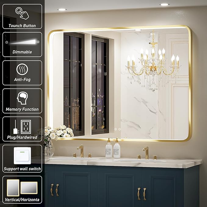 48X36 Inch LED Bathroom Mirror,Wall Mounted Lighted Vanity Mirrors with Non-Rusting Gold Metal Frame Anti-Fog Memory Funtion Stepless Dimmable(Horizontal/Vertical)