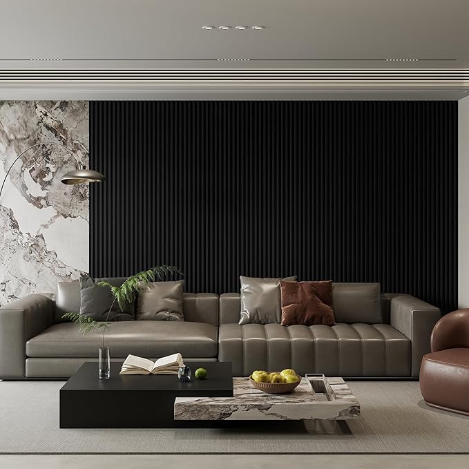 6-Pack Slat Wall Panel with 2 Trims Wood Grain Slat Wall 96" x 6.2" WPC Slats 3D Wall Panels Black Grille