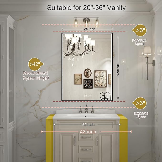 36x28 Inch LED Bathroom Mirror with Light,Black Metal Frame Lighted Vanity Anti Fog Dimmable Touch Switch