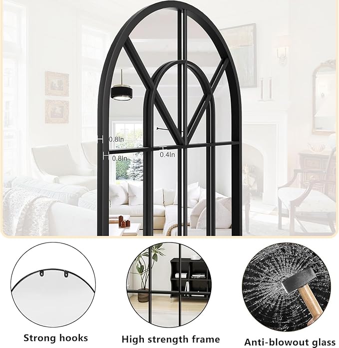 Arch Wall Mirror Mounted Decorative, 24"x42", Arched Window Pane Mirror for Wall-Mounted for Entryway, Bathroom Vanity, Living Room or Bedroom, Iron Frame, Black