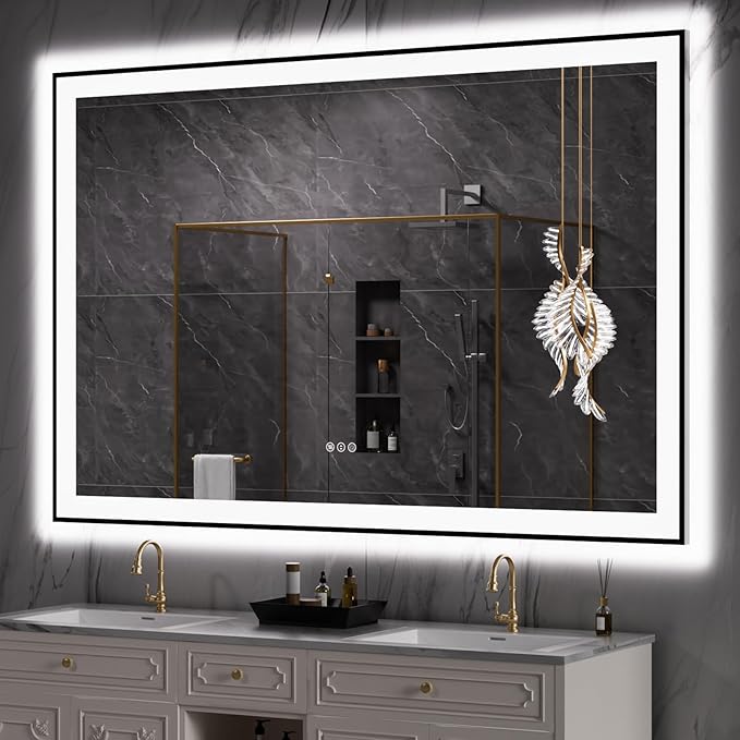 LOAAO 60"X40" LED Bathroom Mirror Black Framed, Anti-Fog, Dimmable, Lighted Bathroom Vanity Mirror for Wall, Memory Function, Tempered Glass