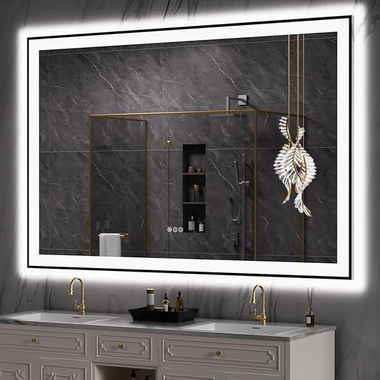 LOAAO 60"X40" LED Bathroom Mirror Black Framed, Anti-Fog, Dimmable, Lighted Bathroom Vanity Mirror for Wall, Memory Function, Tempered Glass