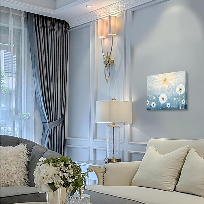 Nicetop Floral Canvas Wall Art – Blue Botanical Dandelion Picture, Inspirational Nature Art Print Wildflower Artwork for Bathroom Bedroom Office or Small Living Room, Rustic Decor16x12 Inch