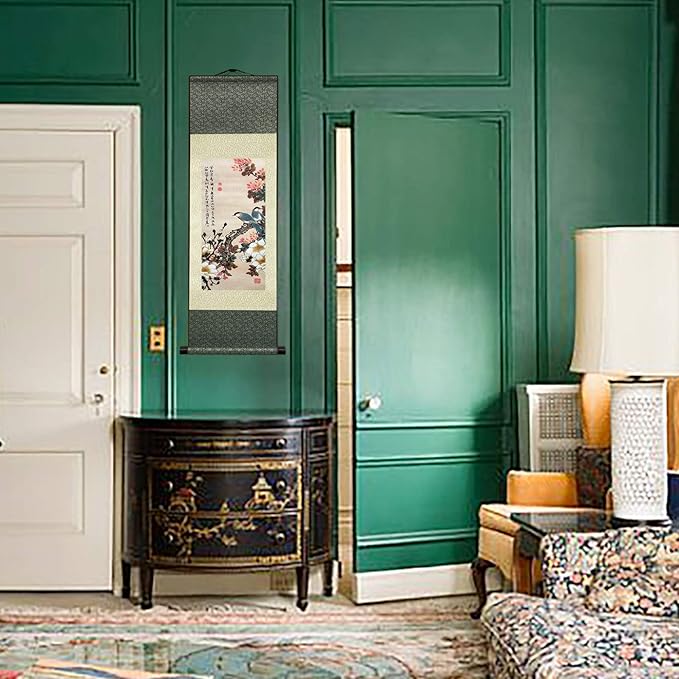 AtfArt Asian Wall Decor Beautiful Silk Scroll Painting Flowers and Birds Oriental Decor Chinese Art Wall Scroll Wall Hanging Painting Scroll (36.2 x 12 in)