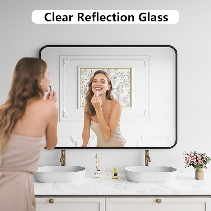 Koonmi Metal Framed Bathroom Mirror, 36"X48" Anti-Rust Bathroom Vanity Mirror, High-Definition Tempered Glass Bathroom Mirrors for Over Sink, Modern Decorative Wall Mirror for Restroom