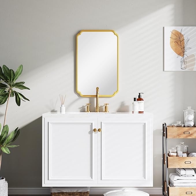 22x34 Inch Gold Bathroom Mirror, Metal Framed Wall Mirror with Rounded Edges, Rustproof Horizontal Vertical Hanging for Vanity Over Sink