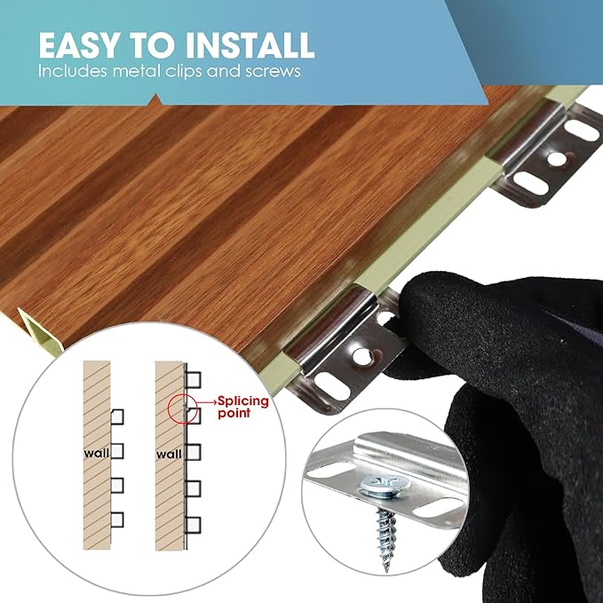 OUZUGIE WPC Acoustic Slat Wall Paneling, 8-Pack 114 x 6 Inches 3D Wall Panels for Interior Wall Decor,Living Room,TV Background,Study Room,Office Spaces,Bedroom,High Grille (Teak)