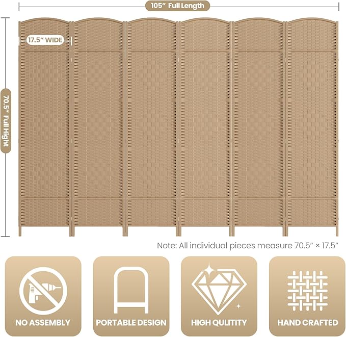 6 Panel Room Divider,6Ft Folding Privacy Screen,Tall - Extra Wide Foldable Panel Partition Wall Divider with Diamond Double-Weaved Hand-Woven Design Room Screen Divider