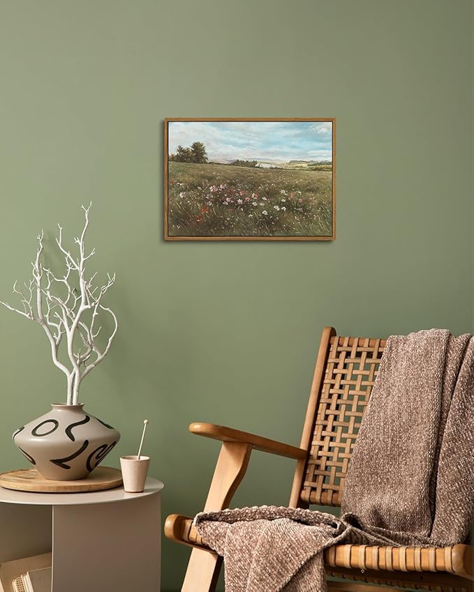 KISSFOX Vintage Landscape Canvas Wall Art Farmhouse Colorful Wildflower Meadow Framed Wall Art Summer Natural Serene Countryside Paintings Artwork Rustic Art Prints For Bedroom Bathroom Living Room