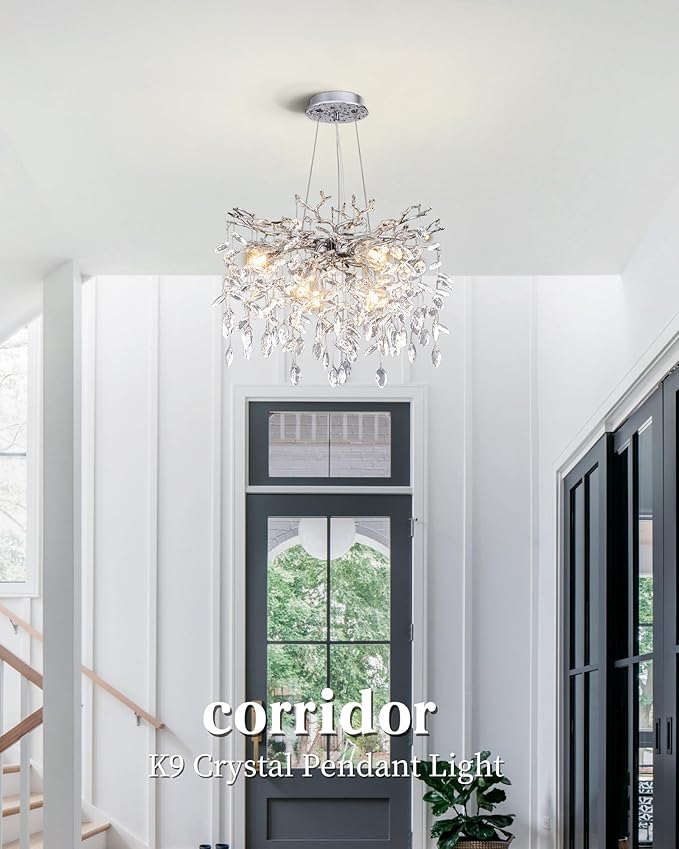 Modern Tree Branch Crystal Chandelier Luxury Silver Crystal Pendant Lighting 18" Contemporary 6-Light Chandeliers for Dining Room Kitchen Bedroom Living Room