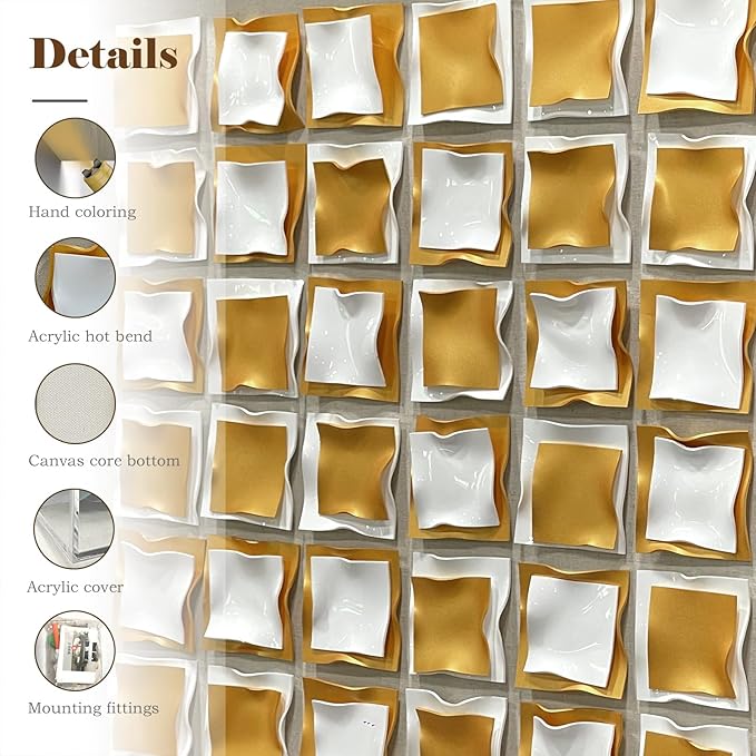 BrightA Gold and White Geometric Wall Sculpture Reflective 3D Textured Panels Brushed Metal Texture with Wave Modern Framed Abstract Art for Bedroom Office Decor 31.5"x31.5"